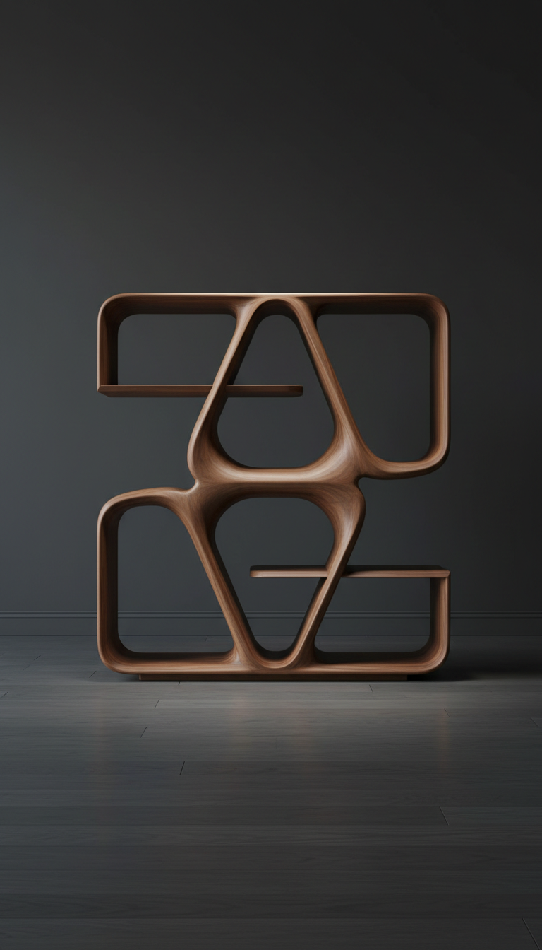 Walnut sculptural shelving unit